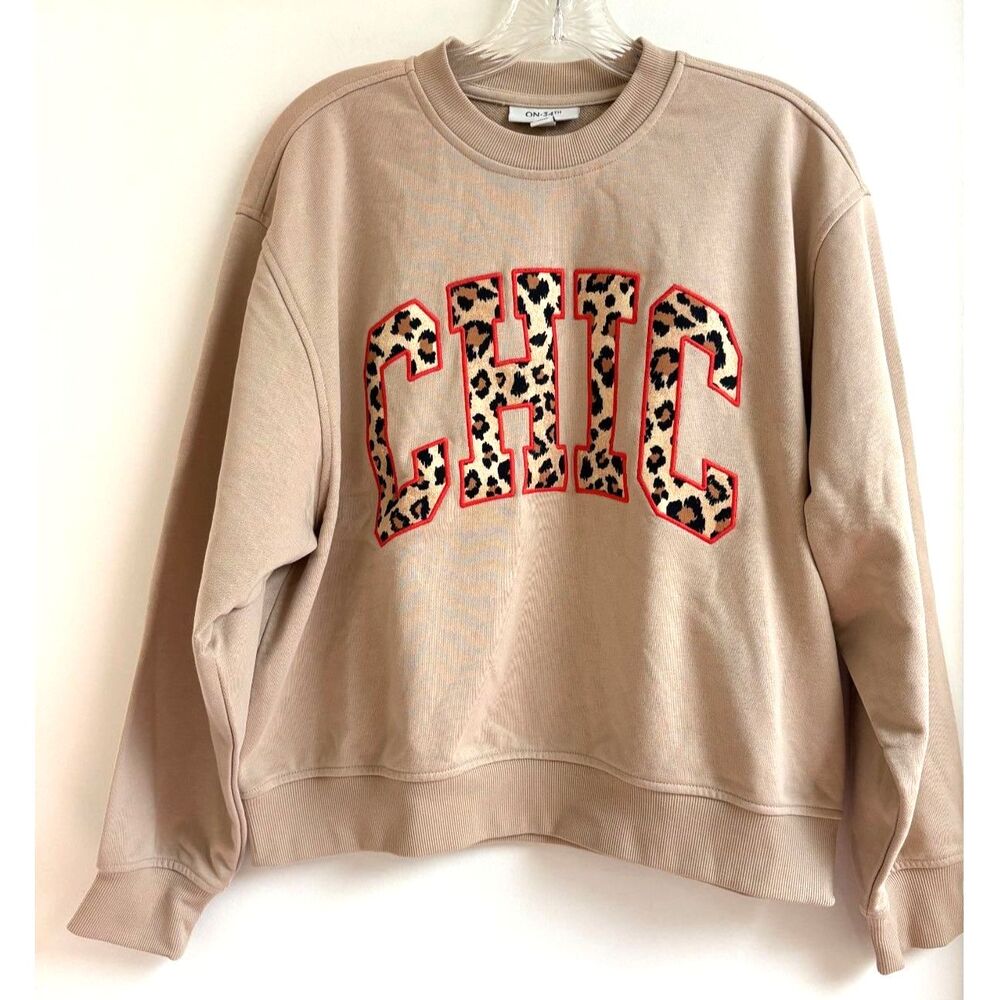 NWT Leopard Print Crewneck Sweatshirt On 34th Tan Chic Varsity Fleece Pullover S - Picture 3 of 9